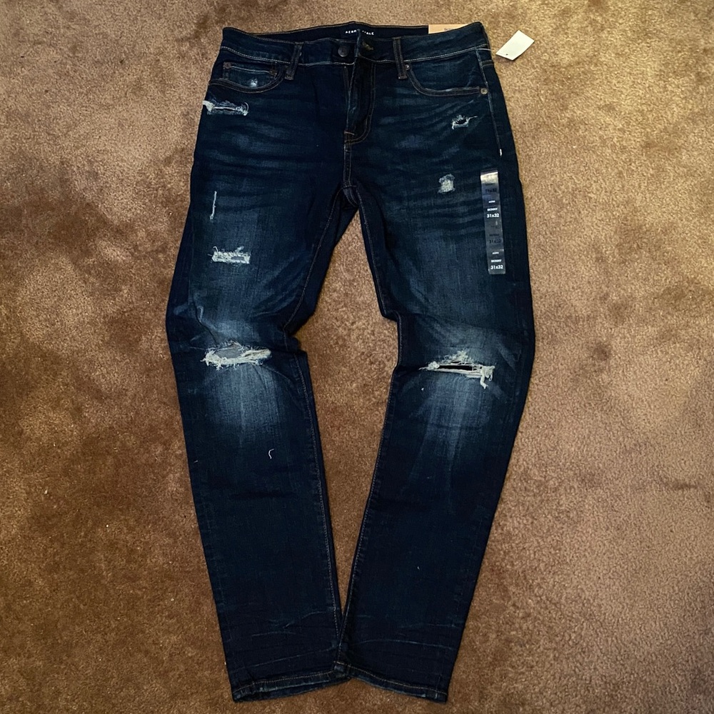 Aeropostale Men's Dark Blue Distressed Skinny Jeans